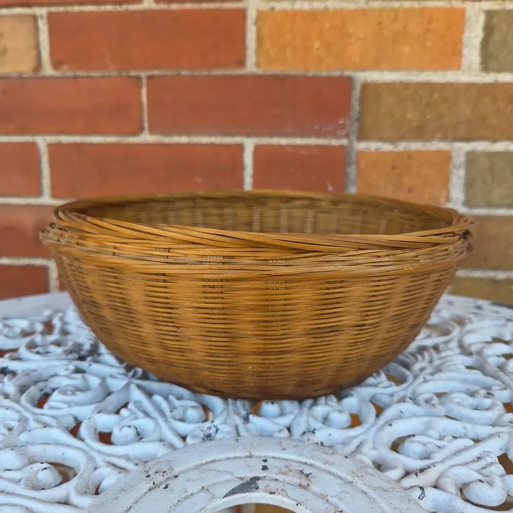 Vintage Chinese Style Sewing Basket Round Woven Wicker Rattan Lidded 10